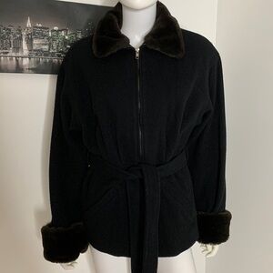 Womens Vintage Herman Kay Wool Black Coat W Brown Fur Trim Size M